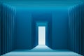 Blue hallway with geometric abstract walls and bright light ahead. 3d rendering. Royalty Free Stock Photo