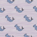 Blue hammerhead sharks silhouettes seamless pattern. Light purple stripped background