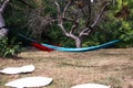 Blue hammock and red hammock, white circules on the grass. Royalty Free Stock Photo