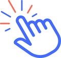 Blue hand cursor clicking a digital screen with red action lines expanding from the point of contact, symbolizing