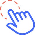 Blue hand cursor is clicking with index finger on a white background with a dotted red circle, representing digital