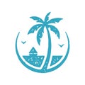 Blue hand drawn summer vacation circle emblem with palm tree, beach, sailboat and seagulls Royalty Free Stock Photo