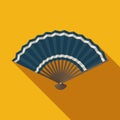 Blue hand fan icon on yellow background, Japanese and Chinese folding fan, Traditional Asian paper geisha fan. Vector Royalty Free Stock Photo