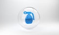 Blue Hand grenade icon isolated on grey background. Bomb explosion. Glass circle button. 3D render illustration