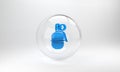 Blue Hand grenade icon isolated on grey background. Bomb explosion. Glass circle button. 3D render illustration