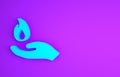 Blue Hand holding a fire icon isolated on purple background. Minimalism concept. 3d illustration 3D render Royalty Free Stock Photo