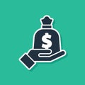 Blue Hand holding money bag icon isolated on green background. Dollar or USD symbol. Cash Banking currency sign. Vector Royalty Free Stock Photo