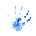 Blue hand print of a child isolated on white background. Watercolor paints. Children paint traces from hands and fingers. Paint Royalty Free Stock Photo