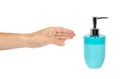 Blue hand sanitizer soap dispenser with arm isolated on white background Royalty Free Stock Photo