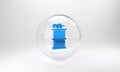 Blue Hand smoke grenade icon isolated on grey background. Bomb explosion. Glass circle button. 3D render illustration