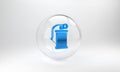 Blue Hand smoke grenade icon isolated on grey background. Bomb explosion. Glass circle button. 3D render illustration