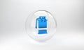 Blue Hand smoke grenade icon isolated on grey background. Bomb explosion. Glass circle button. 3D render illustration