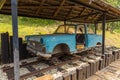 Blue handcar on small station Golubici of so called Sargan Eight narrow gauge railway, Serbia. Royalty Free Stock Photo