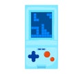 Blue handheld game console with Tetris on screen. Retro gaming device with puzzle blocks falling. Nostalgia and 80s 90s