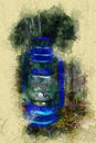 Blue handheld lantern outdoors in watercolors