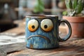 Blue handmade ceramic mug with a sad face is sitting on a wooden table Royalty Free Stock Photo