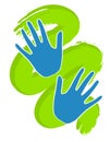 Blue Handprints on Green Paint Royalty Free Stock Photo