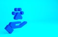 Blue Hands with animals footprint icon isolated on blue background. Pet paw in heart. Love to the animals. Minimalism Royalty Free Stock Photo