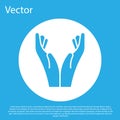 Blue Hands in praying position icon isolated on blue background. Prayer to god with faith and hope. White circle button Royalty Free Stock Photo