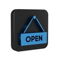Blue Hanging sign with text Open door icon isolated on transparent background. Black square button.