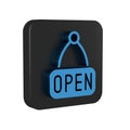Blue Hanging sign with text Open door icon isolated on transparent background. Black square button.