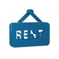 Blue Hanging sign with text Rent icon isolated on transparent background. Signboard with text For Rent.