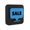 Blue Hanging sign with text Sale icon isolated on transparent background. Signboard with text Sale. Black square button.