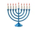 Blue Hanukkah menorah with burning candles