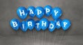Blue happy birthday air balloons on a grey background scene. Horizontal Banner Royalty Free Stock Photo