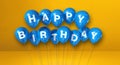 Blue happy birthday air balloons on a yellow background scene. Horizontal Banner Royalty Free Stock Photo