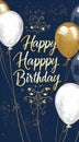 Blue happy birthday poster with colorful balloons, happiness, celebration and commemoration Royalty Free Stock Photo