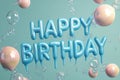 Blue happy birthday text with floating bubbles on teal background Royalty Free Stock Photo