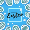 Blue Happy Easter Greetings card. Colorful Eggs in paper cut style. Spring holidays on blue. Space for text. Origami Royalty Free Stock Photo