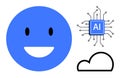 Blue happy Face, AI Chip Diagram, and Cloud Icon Artificial Intelligence and Connectivity Royalty Free Stock Photo