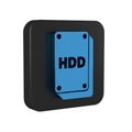 Blue Hard disk drive HDD icon isolated on transparent background. Black square button.