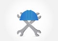 Blue hard hat and wrench on white background,Labor Day concept v Royalty Free Stock Photo