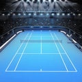 Blue hard surface tennis court and stadium full of spectators with spotlights Royalty Free Stock Photo