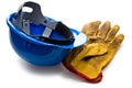 Blue hardhat and leather working gloves Royalty Free Stock Photo