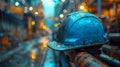 Blue hardhat with water drops on the background of the building