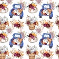 Blue harvest truck with pumpkins seamless pattern. Fall pumpkin in wood bucket and vintage pick up car illustration. Watercolor Royalty Free Stock Photo