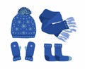 Blue Hat with a Pompom, Scarf, socks and Mitten Set Knitted Seasonal Winter Traditional Accessories with snowflakes.