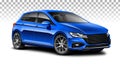 Blue hatchback generic car. City car with glossy surface on white background. Royalty Free Stock Photo