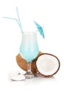 Blue hawaii cocktail and coconuts