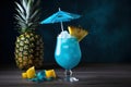 Blue Hawaiian cocktail made with blue curacao, pineapple juice, cream of coconut and white rum