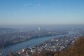 Blue hazy sky over Rhine river and town