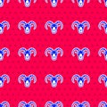 Blue Head of goat or ram icon isolated seamless pattern on red background. Mountain sheep. Animal symbol. Vector Royalty Free Stock Photo