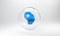 Blue Head people with play button icon isolated on grey background. Glass circle button. 3D render illustration Royalty Free Stock Photo