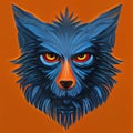 Blue head of a wolf werewolf on an orange background. AI-generated