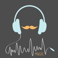 Blue headphones with cord. Orange moustaches Music card. Flat design