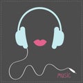 Blue headphones with cord. Pink lips Music card. Flat design